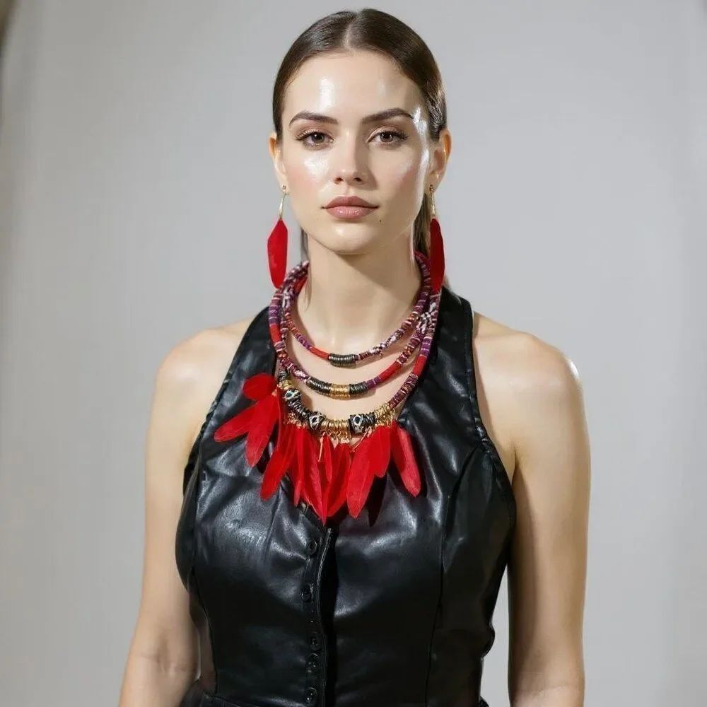 Boho Western Red Feather Multilayer Necklace Feather Earrings Set - NEW
